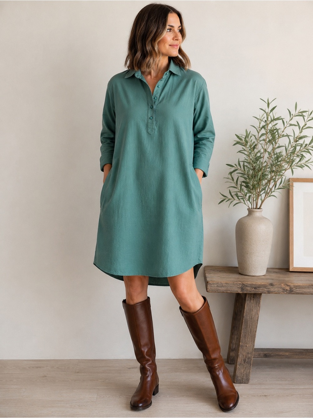 TUCKERNUCK POMANDER PLACE POLLY GREEN COTTON SHIRT DRESS SIZE LARGE EUC